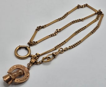 Antique Yellow Gold Filled Watch Chain With 10K Rose Gold Horseshoe Charm