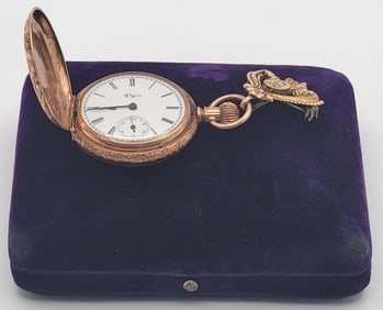 Ladies 14K Yellow Gold 1894 Elgin Grade 110 Hunting Case Pocket Watch With Brooch Fob