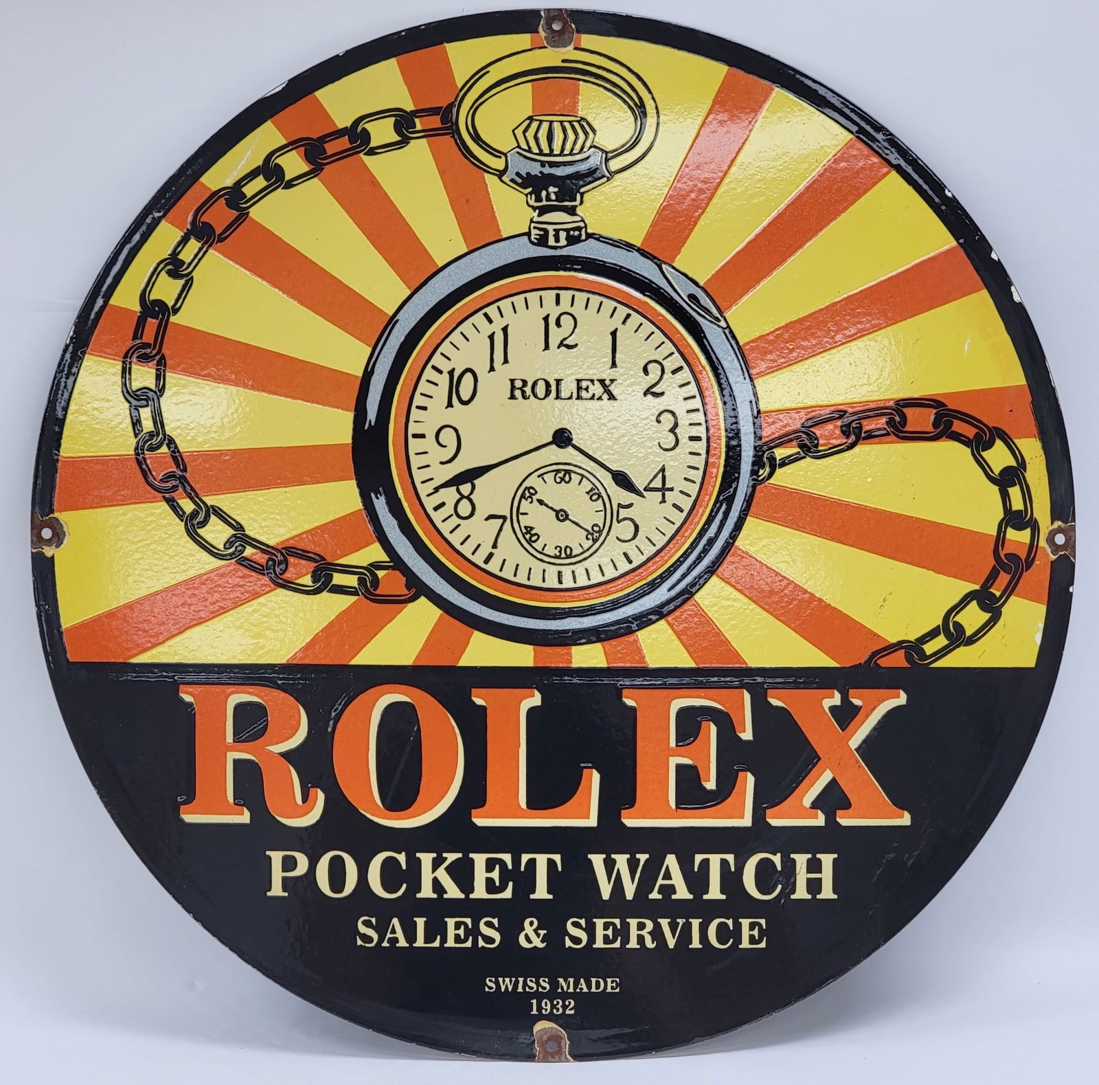 Large 2-1/2' SSP Rolex Pocket Watch Fantasy Advertising Sign: Large 2-1/2' Single Sided Porcelain Rolex Pocket Watch Fantasy Advertising Sign. Nice condition with some porcelain loss and wear from display and storage. Has great colors and awesome graphics.