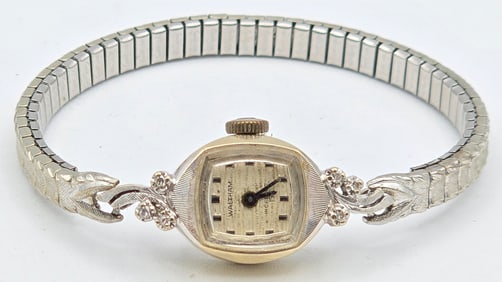 Vintage Ladies Swiss Waltham Incabloc 17 14K White Gold Diamond Wristwatch