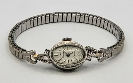 Vintage Ladies Waltham 14K White Gold Diamond Wristwatch
