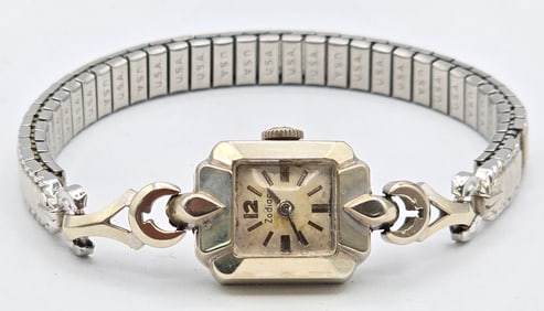 Vintage Ladies Swiss Zodiac 14K White Gold Wristwatch