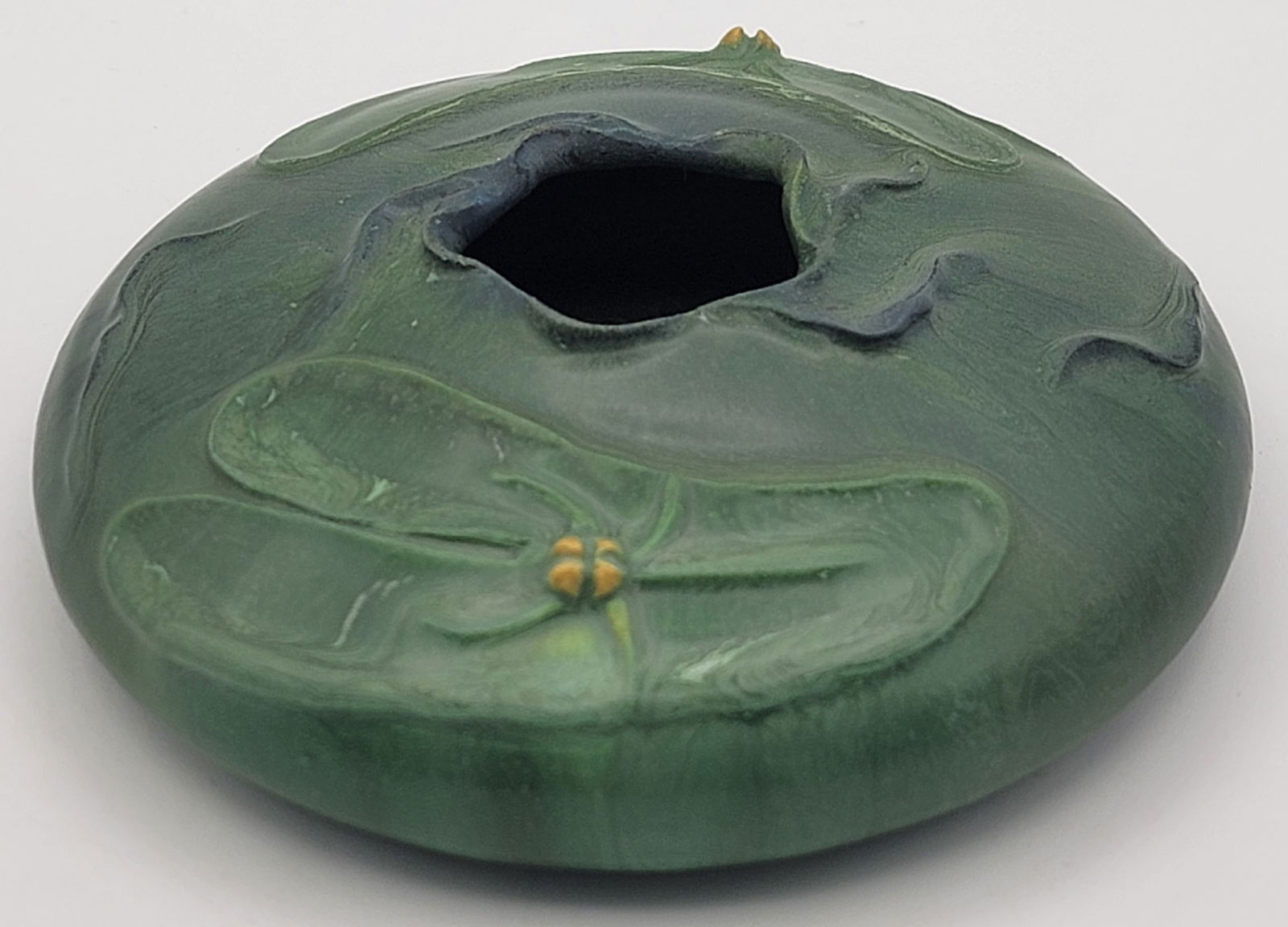 Ephraim Faience Art Pottery Lily Pond Vase: Beautiful Ephraim Faience Art Pottery Vase titled "Lily Pond". The vase has a matte finish and is in great condition, signed on the base. Measures 2" tall x 6-3/4" across.