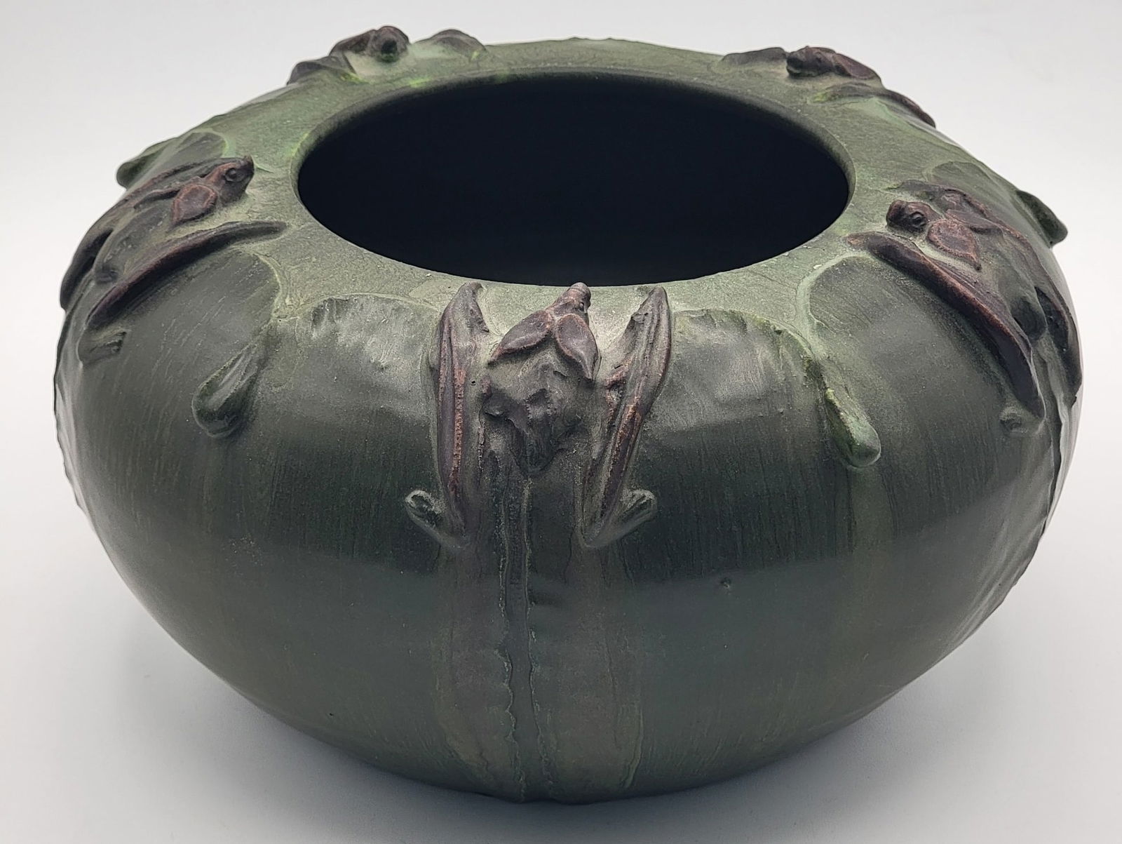 Ephraim Faience Art Pottery Dark Secrets Bowl: Beautiful Ephraim Faience Art Pottery Bowl titled "Dark Secrets" and featuring bats. The bowl has a matte finish and is in great condition, signed on the base. Measures 5-1/8" tall x 9-3/4" across