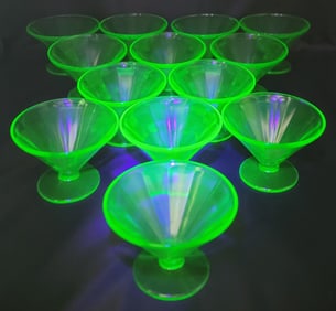 13 Pc. Federal Block Optic Uranium Depression Glass Sherbets