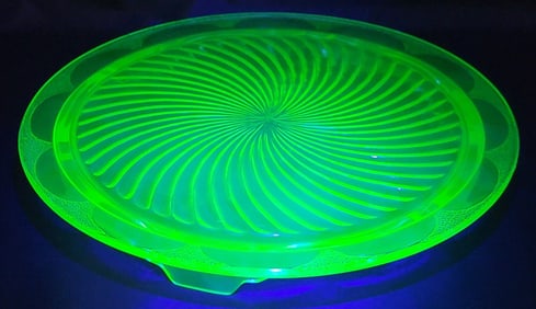 Anchor Hocking Swirl Uranium Green Depression Glass Cake Plate