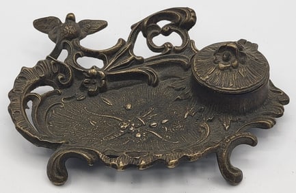 Vintage Art Nouveau Brass Inkwell With Bird
