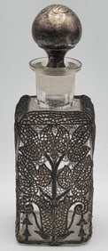 Antique Glass Perfume Bottle With Metal Filigree & Sterling Stopper