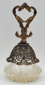 Antique Bell Shaped Glass Perfume Bottle With Metal Filigree Cover