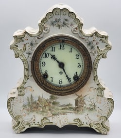 Antique Ansonia Mantle Clock With A Royal Bonn Porcelain Case