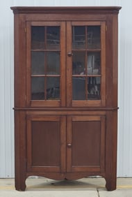 Primitive Glass Front Wood Corner Cabinet