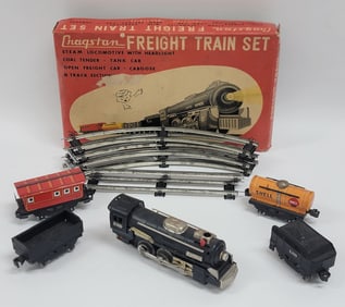 Vintage Cragston Battery Operated Tin Litho Freight Train Set In Box