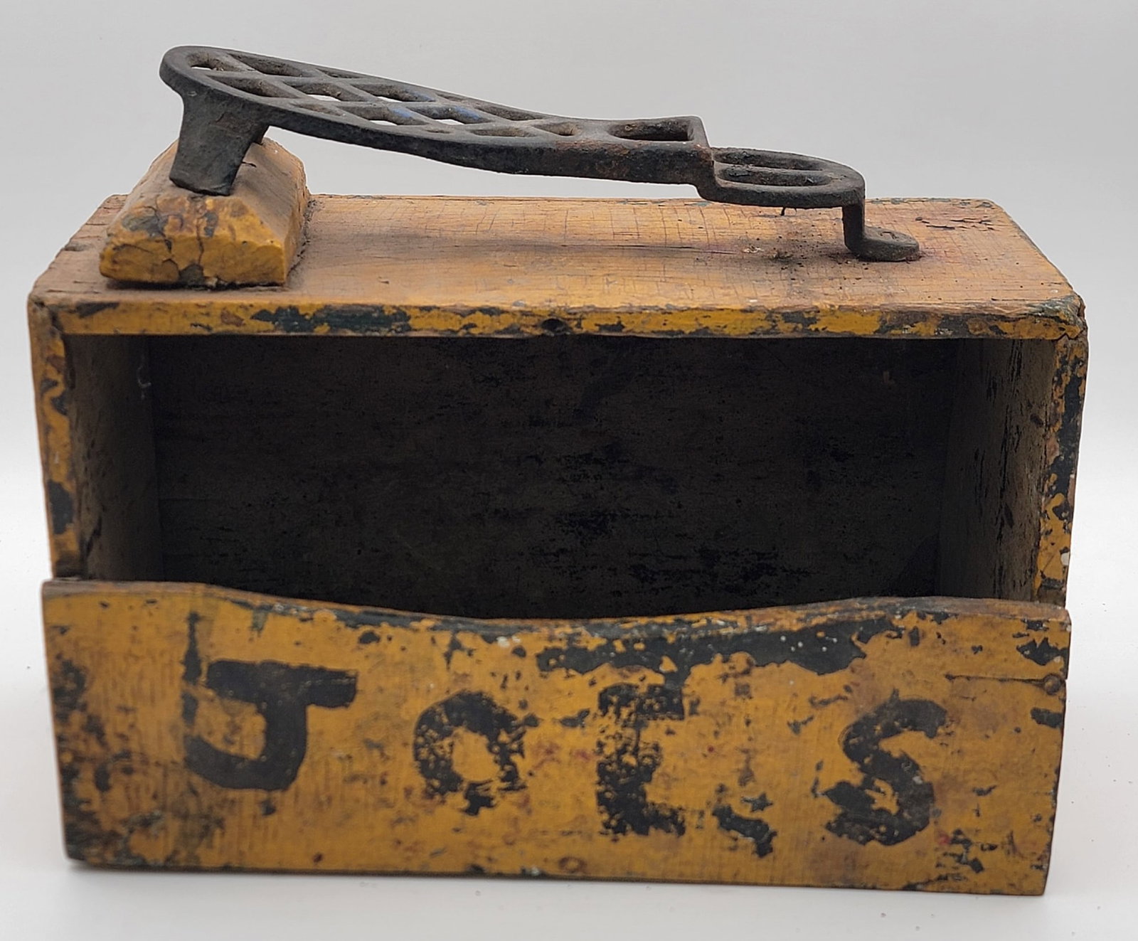Antique Painted Wood & Cast Iron Shoe Shine Box: Antique Painted Wood & Cast Iron Shoe Shine Box. The box reads Joe's Shine 5? and a has a cast iron shoe rest on the top. The box is in original used condition and measures 9" tall x 11-1/4" across x 