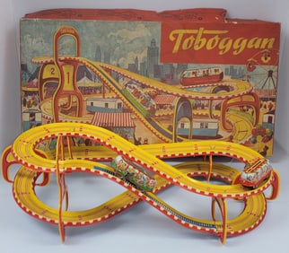 Vintage West German Technofix Tin Litho Wind-Up Tobaggan Race Set In Box
