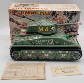 New In Box 1960's Japan Taiyo Tin Litho Battery Operated M-4 Sherman Combat Tank