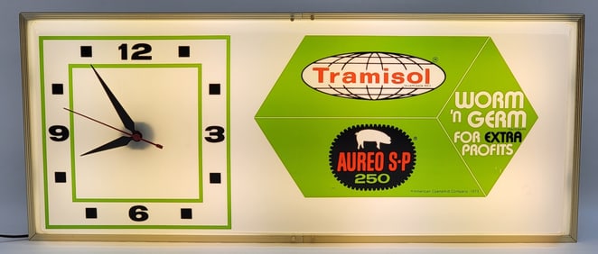 Vintage Tramisol Roundworm Lighted Advertising Clock NIB