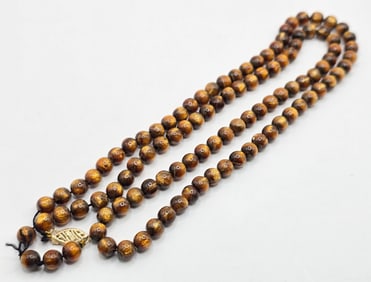 Synthetic Tiger Eye Beaded Necklace With 14K Yellow Gold Clasp