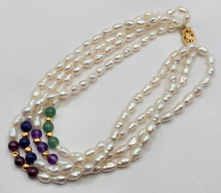 Ladies 14K Yellow Gold Freshwater Pearl & Gemstone Bracelet