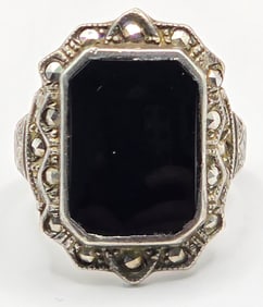 Ladies Sterling Silver Black Onyx & Marcasite Ring