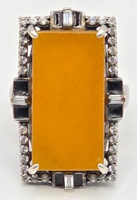 Ladies Joy Sterling Silver Ice Yellow Jade & White Sapphire Ring