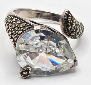Ladies Sterling Silver Simulated Diamond & Marcasite Statement Ring