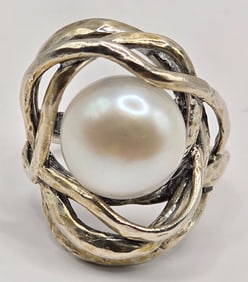 Ladies Sterling Silver Cultured Pearl Openwork Ring