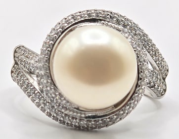 Ladies Sterling Silver Faux Pearl & White Sapphire Statement Ring