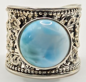 Ladies Sterling Silver Round Larimar Flower Design Band Ring
