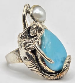 Sterling Silver Pear Shaped Larimar & Freshwater Pearl Mermaid Ring