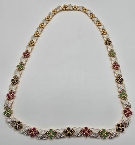 Ladies Gold Overlay Sterling Silver Genuine Multi-Gemstone Necklace