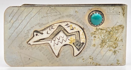 Vintage Signed Native American Sterling Silver & Turquoise Bear Money Clip