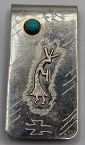 Vintage Signed Native American Sterling Silver & Turquoise Kokopelli Money Clip