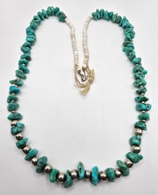 Vintage Turquoise Sterling Silver & Shell Necklace