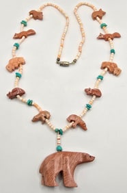 Native American Zuni Hand Carved Sandstone Turquoise & Shell Animal Necklace
