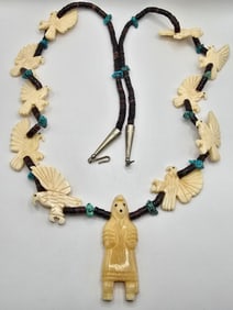 Vintage Native American Hand Carved Bone Fetish Kachina & Eagle Necklace