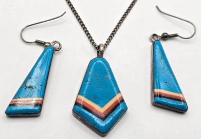 Native American Sterling Silver Turquoise Earrings & Pendant With Chain By Helen Chee