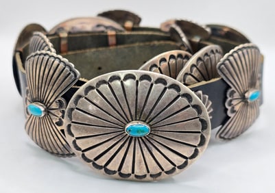 Sterling Silver & Turquoise Navajo Native American Concho Belt