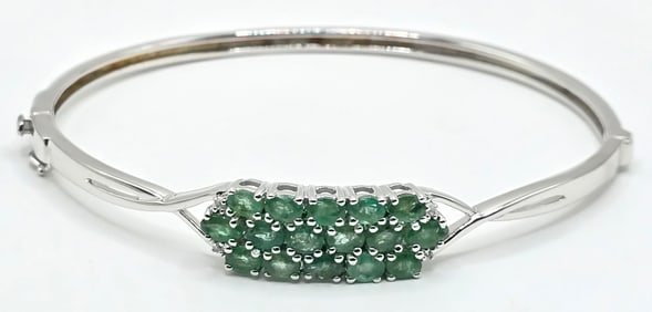 Ladies Sterling Silver Emerald & Diamond Bangle Bracelet