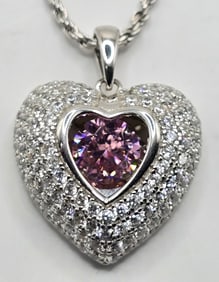 Ladies Sterling Silver Pink & White Sapphire Heart Pendant & Chain