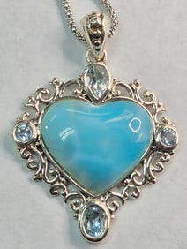 Ladies Sterling Silver Heart Shaped Larimar & Glacier Topaz Pendant & Chain