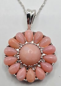Ladies Sterling Silver Peruvian Pink Opal & White Zircon Pendant & Chain