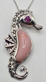 Ladies Sterling Silver Peruvian Pink Opal & Rhodolite Garnet Seahorse Pendant & Chain