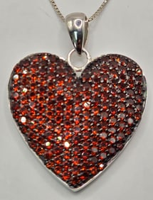 Ladies Sterling Silver Red Garnet Cluster Heart Pendant & Chain