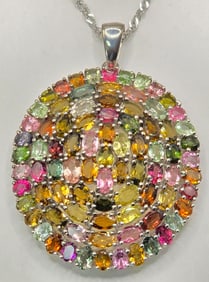 Ladies Sterling Silver Multi-Gemstone Oval Pendant & Chain