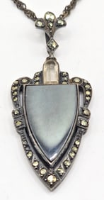 Vintage Sterling Silver Onyx & Marcasite Pendant & Chain