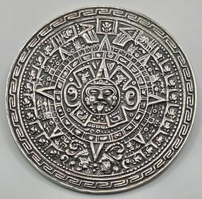 Vintage Mexico Sterling Silver Aztec Calendar Pendant / Brooch