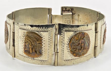 Vintage Mexico Taxco Sterling Silver Aztec Bracelet