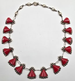 Vintage Mexico Sterling Silver Triangle Red Glass Necklace