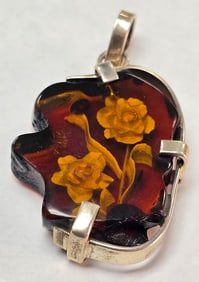 Vintage Sterling Silver Flower Carved Amber Pendant