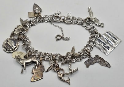Vintage Elco Sterling Silver Charm Bracelet With Ten Charms